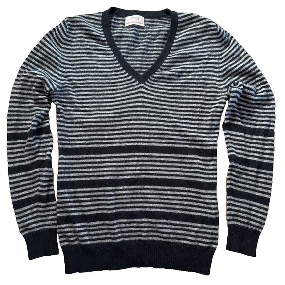 FWM Fenn Wright Manson Black White Stripe 2 ply Cashmere V-neck Knit Sweater Lg - Picture 1 of 7